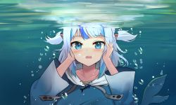 Rule 34 | 1girl, air bubble, blue eyes, blue hair, blush, bubble, collarbone, commentary, fins, fish tail, gawr gura, gawr gura (1st costume), hair ornament, hands on own face, highres, hololive, hololive english, long sleeves, looking at viewer, multicolored hair, open mouth, shark girl, shark tail, sharp teeth, short hair, shuuzo3, smile, solo, streaked hair, tail, teeth, two side up, underwater, upper body, virtual youtuber, water, white hair