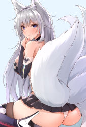 Rule 34 | 1girl, animal ears, ass, azur lane, fox ears, fox girl, fox tail, highres, kitsune, kyuubi, large tail, long hair, looking at viewer, looking back, multiple tails, open mouth, panties, panty straps, purple eyes, race queen, ryou (ryo 217cafe), shinano (azur lane), shinano (moonlit chrome) (azur lane), solo, tail, underwear, very long hair, white hair, white panties, white tail