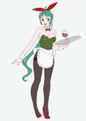 Rule 34 | 1girl, alcohol, animal ears, apron, bad id, bad twitter id, bow, bowtie, cup, detached collar, drinking glass, fake animal ears, frilled apron, frills, full body, green bow, green bowtie, green eyes, green hair, green leotard, grey background, high heels, irako (kancolle), kantai collection, leotard, long hair, ojipon, pantyhose, playboy bunny, ponytail, rabbit ears, red footwear, simple background, solo, standing, strapless, strapless leotard, tray, waitress, white apron, wine, wine glass, wrist cuffs