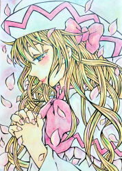 Rule 34 | 0917yuka, 1girl, blonde hair, blue eyes, bow, bowtie, capelet, eyelashes, from side, interlocked fingers, lily white, lips, long hair, long sleeves, nail polish, own hands together, pastel colors, petals, pink bow, pink bowtie, pink nails, touhou, traditional media, upper body, white capelet, white headwear