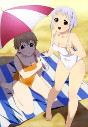 Rule 34 | 2girls, :o, absurdres, barefoot, blue eyes, blush, breasts, brown hair, cleavage, feet, fnc (upotte!!), highres, kneeling, l85a1 (upotte!!), legs, multiple girls, no nose, nyantype, official art, one-piece swimsuit, open mouth, parasol, red eyes, scan, short hair, silver hair, sitting, swimsuit, takami akio, umbrella, upotte!!, wariza
