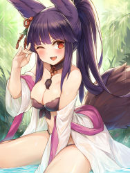 Rule 34 | 1girl, ;d, animal ears, between legs, bikini, black bikini, black choker, blunt bangs, blush, breasts, choker, cleavage, collarbone, commentary request, day, erune, fang, fox shadow puppet, granblue fantasy, hair ornament, hair ribbon, hand between legs, highres, leaf hair ornament, long hair, long sleeves, looking at viewer, medium breasts, mou tama maru, off shoulder, one eye closed, open clothes, open mouth, outdoors, ponytail, purple hair, red eyes, red ribbon, ribbon, see-through, shallow water, sidelocks, sitting, smile, solo, swimsuit, tail, tassel, thighs, wariza, water, wet, wet clothes, yuel (granblue fantasy)