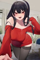 Rule 34 | 1girl, bare shoulders, black hair, breasts, dress, hair ornament, hairband, highres, large breasts, long hair, looking at viewer, nanoless, open mouth, pov, red eyes, red sweater, sidelocks, smile, solo, spy x family, sweater, sweater dress, thighhighs, yor briar