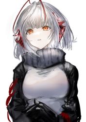 Rule 34 | + +, 1girl, ahoge, antenna hair, arknights, black jacket, breasts, commentary, demon horns, gawako, grey scarf, grey shirt, highres, horns, jacket, medium breasts, multicolored hair, open clothes, open jacket, orange eyes, parted lips, red hair, scarf, shirt, short hair, silver hair, simple background, solo, streaked hair, two-tone hair, upper body, w (arknights), white background