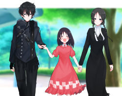 Rule 34 | 1boy, 2girls, black dress, black eyes, black gloves, black hair, black jacket, black pants, blurry, blurry background, blush, braid, buttons, child, closed eyes, closed mouth, commentary request, dress, fate/strange fake, fate (series), fingerless gloves, fingernails, forehead, gloves, hair between eyes, height difference, highres, holding hands, hood, hood down, hooded jacket, jacket, kuruoka tsubaki, letterboxed, long hair, long sleeves, looking at another, mekakuri (otacon250), multiple girls, no name assassin (fate), open mouth, outside border, pants, puffy short sleeves, puffy sleeves, red dress, short hair, short sleeves, sigma (fate), smile, torn clothes, twin braids