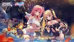 Rule 34 | absurdres, blonde hair, blue eyes, bottle, choker, collaboration, dead or alive, figure story, fireworks, highres, honoka (doa), marie rose, navel, official art, pink hair, swimsuit, twintails, water, wings