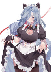 Rule 34 | 1girl, absurdres, alternate costume, apron, ariakk, black dress, black gloves, black legwear, blush, braid, breasts, cleavage, closed mouth, clothes lift, dress, frills, garter straps, genshin impact, gloves, hair over one eye, highres, lifting own clothes, long hair, looking at viewer, maid apron, puffy sleeves, shenhe (genshin impact), simple background, single braid, skirt, skirt lift, solo, very long hair, white background