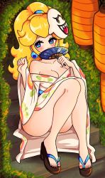 Rule 34 | 1girl, alternate costume, alternate hairstyle, bare legs, bare shoulders, blonde hair, blooper (mario), blue eyes, blue sash, blush, boo (mario), breasts, brown footwear, character print, cleavage, clenched hand, collarbone, covering own mouth, earrings, eyelashes, fire flower, floral print, full body, ghost mask, hands up, high ponytail, highres, holding, holding umbrella, japanese clothes, jewelry, kimono, knees up, lantern, large breasts, long hair, long sleeves, looking away, mario (series), mask, mask on head, nail polish, nintendo, no panties, no socks, obi, off shoulder, oil-paper umbrella, paper lantern, pink nails, princess peach, print kimono, raranuki, sandals, sash, sitting, sitting on stairs, solo, stairs, super mario odyssey, toenail polish, toenails, umbrella, walking, white kimono, wide sleeves, yukata