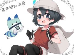 Rule 34 | 1girl, backpack, bag, beige shorts, black gloves, black hair, black pantyhose, blue eyes, blush, commentary request, gloves, hat feather, helmet, kaban (kemono friends), kemono friends, looking at viewer, lucky beast (kemono friends), pantyhose, pith helmet, ransusan, red shirt, shirt, short hair, short sleeves, smile, t-shirt, translated