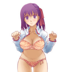 Rule 34 | 1girl, ass, blue (ao maru), bra, breasts, cleavage, fate/stay night, fate (series), large breasts, lingerie, matou sakura, open clothes, open shirt, panties, pantyshot, purple eyes, purple hair, shirt, solo, underwear, underwear only