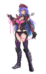 Rule 34 | 1girl, airisubaka, armor, armored boots, artist name, boots, bracelet, collar, commission, deviljho (armor), fingerless gloves, gloves, hat, highres, iris heart, jewelry, long hair, monster hunter (series), neptune (series), peaked cap, purple hair, red eyes, simple background, solo, spiked bracelet, spiked collar, spikes, symbol-shaped pupils, whip, white background