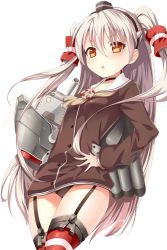 Rule 34 | 10s, 1girl, absurdres, amatsukaze (kancolle), bad id, bad pixiv id, brown eyes, collarbone, cowboy shot, dress, garter straps, hair tubes, hand on own hip, highres, kantai collection, long hair, looking at viewer, mosquito coils, panties, pantyshot, rensouhou-kun, sailor dress, short dress, silver hair, simple background, solo, standing, thighhighs, two side up, underwear, white background