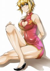 Rule 34 | 1girl, bare shoulders, blonde hair, blue eyes, blush, breasts, china dress, chinese clothes, cholesenel, cleavage, cleavage cutout, clothing cutout, covering privates, dress, female focus, hair ornament, high heels, legs, short hair, sitting, solo, white background