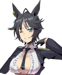 Rule 34 | 1girl, ahoge, animal ears, black gloves, black hair, black jacket, black necktie, blue eyes, breasts, center opening, cleavage, collared shirt, commentary request, ear ornament, ear piercing, fuji kiseki (umamusume), gloves, grin, horse ears, horse girl, jacket, large breasts, long sleeves, looking at viewer, necktie, one eye closed, open clothes, open jacket, piercing, shirt, short hair, simple background, smile, solo, solokitsune, umamusume, upper body, white background, white shirt