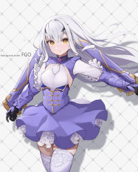 Rule 34 | 1girl, absurdres, artist request, blue cape, blue dress, breasts, cape, dress, melusine (fate), melusine (second ascension) (fate), fate/grand order, fate (series), forked eyebrows, frills, highres, looking at viewer, sidelocks, small breasts, solo, white hair, yellow eyes