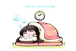 Rule 34 | 1girl, :3, bamboo print, blanket, blunt bangs, blush, blush stickers, brown hair, bubble, clock, clock hands, closed eyes, closed mouth, commentary request, egasumi, english text, futon, hime cut, houraisan kaguya, kashuu (b-q), long hair, simple background, sleeping, solo, thick eyebrows, touhou, translation request, white background