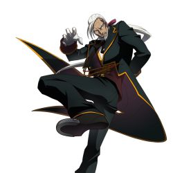 Rule 34 | 1boy, arc system works, blazblue, blue eyes, bow, butler, gloves, male focus, official art, ponytail, ribbon, serious, simple background, solo, valkenhayn r hellsing, white hair