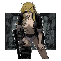 Rule 34 | 1girl, bandaged chest, black jacket, blonde hair, breasts, cast, chair, cropped legs, crutch, dorohedoro, eyepatch, gloves, grey gloves, grey pants, hair between eyes, hand on own leg, injury, jacket, korean commentary, large breasts, leg cast, long hair, looking at viewer, messy hair, nikaidou (dorohedoro), no bra, no pants, one eye covered, one side up, open clothes, open jacket, outline, outside border, pants, sleeves rolled up, solo, soo05120512, spoilers, tearing up, white outline