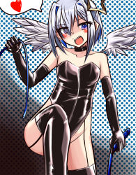 Rule 34 | 1girl, amane kanata, angel, angel girl, angel wings, artist request, bare shoulders, bdsm, blue eyes, bodysuit, breasts, choker, collar, dominatrix, elbow gloves, female focus, femdom, gloves, halo, heart, highres, hololive, latex, latex bodysuit, latex elbow gloves, latex gloves, latex legwear, looking at viewer, multicolored hair, open mouth, short hair, small breasts, solo, thighhighs, virtual youtuber, whip, white hair, wings