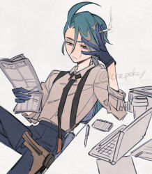 1girl ahoge androgynous artist_name black_gloves black_necktie black_pants brown_footwear cigarette computer creatures_(company) cup desk disposable_cup elbow_rest foot_out_of_frame game_freak gloves green_hair grey_shirt holding holding_cigarette holding_newspaper jitome laptop long_hair low_ponytail necktie newspaper nintendo notebook pants pen pokemon pokemon_sv ponytail red_eyes reverse_trap rika_(pokemon) shirt shougo-akira smoke solo suspenders swept_bangs twitter_username white_background