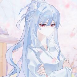 Rule 34 | 1girl, alternate costume, chinese clothes, closed mouth, crossed arms, falling petals, flower, hair ornament, hair ribbon, high ponytail, honkai: star rail, honkai (series), jingliu (honkai: star rail), looking at viewer, mouth veil, petals, pink petals, red eyes, ribbon, solo, tree, veil, white flower, white hair, zaoshang yibei qing gan puer