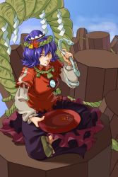 Rule 34 | 1girl, alcohol, autumn leaves, black skirt, breasts, closed mouth, commentary request, cup, frilled shirt, frilled skirt, frilled sleeves, frills, full body, hair bun, hair ornament, highres, holding, holding cup, indian style, kijima (amayadori-tei), layered sleeves, leaf hair ornament, long skirt, long sleeves, looking at viewer, medium breasts, mirror, onbashira, puffy short sleeves, puffy sleeves, purple hair, red eyes, red shirt, rope, sakazuki, sake, sandals, shide, shimenawa, shirt, short hair, short over long sleeves, short sleeves, sitting, skirt, smile, snake, solo, textless version, touhou, yasaka kanako, zouri