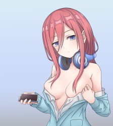 Rule 34 | 1girl, :&lt;, absurdres, bare shoulders, blue background, blue cardigan, blue eyes, blush, breasts, cardigan, cleavage, closed mouth, collarbone, commentary request, go-toubun no hanayome, hair between eyes, head tilt, headphones, headphones around neck, highres, holding, holding phone, long sleeves, looking at viewer, mahdi, medium breasts, nakano miku, no bra, off shoulder, open clothes, open shirt, phone, red hair, shirt, smartphone case, solo, undressing, upper body, white shirt