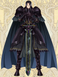 Rule 34 | 1boy, armor, black armor, black cape, black footwear, black gloves, black hair, boots, cape, dairoku ryouhei, full body, gauntlets, gloves, gradient cape, long hair, looking at viewer, male focus, own hands together, sachi tuna, shoulder armor, solo, standing, sword, vester abend, weapon, yellow background