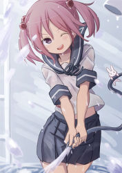 Rule 34 | 10s, 1girl, blush, commentary request, cowboy shot, fujisaki yuu, hair bobbles, hair ornament, kantai collection, ladder, looking at viewer, neck ribbon, one eye closed, open mouth, pink eyes, pink hair, pleated skirt, rabbit, ribbon, round teeth, sazanami (kancolle), school uniform, serafuku, short sleeves, skirt, smile, solo, teeth, tube, twintails, water, wet