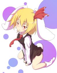 Rule 34 | 1girl, animal ears, blonde hair, blush, bottomless, fang, female focus, hair ribbon, highres, kemonomimi mode, long sleeves, necktie, open mouth, rabbit ears, rabbit tail, red eyes, red necktie, rhine, ribbon, rumia, shirt, short hair, sitting, solo, tail, touhou, v arms, vest, wariza