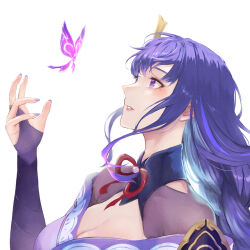 Rule 34 | 1girl, armor, breasts, bridal gauntlets, bug, butterfly, cleavage, crystalfly (genshin impact), from side, genshin impact, hair ornament, highres, insect, japanese clothes, kimono, koko (koko67956359), large breasts, long hair, looking up, parted lips, purple butterfly, purple eyes, purple hair, purple kimono, purple nails, raiden shogun, shoulder armor, solo, upper body, white background