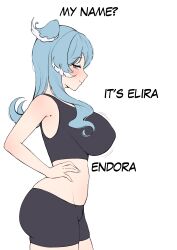 Rule 34 | 1girl, absurdres, aqua eyes, bare arms, bare shoulders, bike shorts, black sports bra, blue hair, blue nails, blue wings, blush, breasts, cipher4109, covered erect nipples, elira pendora, english text, from side, groin outline, hair over one eye, hand on own hip, head wings, highres, huge breasts, long hair, midriff, mole, mole on armpit, multicolored hair, nail polish, naughty face, nijisanji, nijisanji en, one eye covered, profile, simple background, skindentation, solo, sports bra, virtual youtuber, white background, white hair, wings