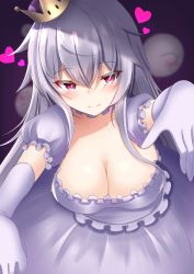 Rule 34 | 1girl, blush, boo (mario), breasts, cleavage, closed mouth, colored skin, covering face, crown, doyachii, dress, embarrassed, fangs, frilled dress, frills, genderswap, genderswap (mtf), ghost, gloves, half-closed eyes, heart, highres, large breasts, long hair, looking at viewer, luigi&#039;s mansion, mario (series), new super mario bros. u deluxe, nintendo, pale skin, personification, pov, pov hands, princess king boo, puffy short sleeves, puffy sleeves, purple eyes, short sleeves, solo, super crown, very long hair, white dress, white gloves, white skin