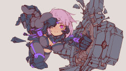 Rule 34 | 1girl, absurdres, breaking, cyberpunk, di yi xing zian, fate/grand order, fate (series), gloves, grey background, highres, holding, mash kyrielight, mash kyrielight (ortenaus), pink eyes, pink hair, shield, short hair, simple background, sketch, solo, tears, thighhighs