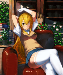 Rule 34 | + +, 1girl, ;), bad id, bad pixiv id, blonde hair, breasts, chair, crossed legs, cupboard, elbow gloves, flower, gloves, jean popo, long hair, looking at viewer, one eye closed, plant, pleated skirt, school uniform, shokuhou misaki, short sleeves, sitting, skirt, smile, solo, spider web print, sweater vest, symbol-shaped pupils, taut clothes, thighhighs, toaru kagaku no railgun, toaru majutsu no index, white gloves, white thighhighs, wink, yellow eyes