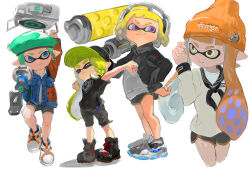 4girls aqua_hair aqua_hat arm_up baseball_cap beret black_footwear black_jacket black_neckerchief black_sailor_collar black_shirt black_shorts blonde_hair blue_eyes blue_jacket blunt_bangs boots breast_pocket brown_jacket collage denim denim_jacket derivative_work dynamo_roller_(splatoon) e-liter_4k_(splatoon) ga4me4 grey_footwear grey_jacket hand_on_own_hip hat holding holding_on holding_weapon inkling inkling_girl inkling_player_character jacket long_sleeves looking_back multicolored_clothes multicolored_jacket multiple_girls neckerchief nintendo orange_hat outstretched_arms pocket pointy_ears purple_eyes rainbow_order sailor_collar sailor_shirt shirt short_shorts short_sleeves shorts simple_background splatoon_(series) standing stretching t-shirt tucking_hair two-tone_jacket weapon white_background white_footwear yellow_eyes