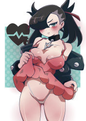 Rule 34 | 1girl, black hair, blue background, blue eyes, blush, breasts, cinnamon6, clothes lift, collar, covered erect nipples, cowboy shot, creatures (company), earrings, frown, game freak, hair over one eye, jacket, jacket on shoulders, jewelry, marnie (pokemon), navel, nintendo, pokemon, pokemon swsh, skirt, skirt lift, solo, thong, twintails, white background