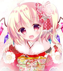 Rule 34 | 1girl, ahoge, alternate costume, blonde hair, blush, cherry blossoms, commentary request, fang, flandre scarlet, floral print, flower, fur collar, gradient background, hair flower, hair ornament, hair ribbon, hands up, head tilt, japanese clothes, kikkoumon, kimono, looking at viewer, no headwear, obi, open mouth, red eyes, red kimono, ribbon, rika-tan (rikatantan), sash, short hair, side ponytail, sleeves past wrists, solo, touhou, upper body, wings