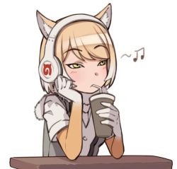 Rule 34 | 10s, 1girl, animal ears, beamed quavers, blonde hair, blush, cup, drinking, drinking straw, elbow gloves, expressionless, fox ears, fur collar, gloves, gradient hair, green eyes, grey vest, hand on own cheek, hand on own face, headphones, holding, holding cup, kemono friends, kugi ta hori taira, multicolored hair, musical note, open clothes, open vest, shirt, short hair, short sleeves, simple background, solo, swept bangs, table, tibetan fox (kemono friends), tsurime, upper body, vest, white background, white hair, white shirt