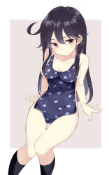 Rule 34 | 10s, 1girl, ahoge, black hair, blue one-piece swimsuit, blush, breasts, cleavage, clothes in front, covering privates, hamaken. (novelize), highres, kantai collection, kneehighs, knees together feet apart, large breasts, long hair, looking at viewer, looking away, nude, nude cover, one-piece swimsuit, polka dot, polka dot swimsuit, pout, sitting, socks, solo, swimsuit, unworn swimsuit, ushio (kancolle)