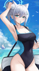 Rule 34 | 1girl, absurdres, animal ear fluff, animal ears, arm up, armpits, bag, beach, bird, black one-piece swimsuit, blue archive, blue eyes, blue halo, blue one-piece swimsuit, blue sky, breasts, collarbone, covered navel, cross hair ornament, extra ears, grey hair, groin, hair ornament, hair tie in mouth, halo, hand in own hair, highleg, highleg swimsuit, highres, large breasts, long hair, looking at viewer, miruku pan, mismatched pupils, mouth hold, ocean, official alternate costume, one-piece swimsuit, seagull, shiroko (blue archive), shiroko (swimsuit) (blue archive), shoulder bag, signature, sky, solo, swimsuit, two-tone swimsuit, tying hair, white bird, wolf ears