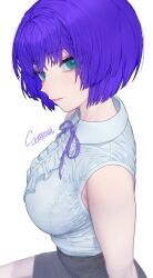 Rule 34 | 1girl, bare arms, blouse, bob cut, breasts, from side, green eyes, highres, indie virtual youtuber, large breasts, looking at viewer, looking to the side, miniskirt, neck ribbon, parted lips, podone, purple hair, purple ribbon, ribbon, seductive smile, shirt, short hair, simple background, sitting, skirt, smile, solo, sparrowl, virtual youtuber, white background, white shirt