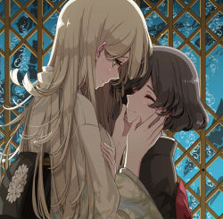 Rule 34 | 2girls, blonde hair, brown hair, elevator, closed eyes, floral print, hand on another&#039;s arm, hand on another&#039;s face, intertwined hair, japanese clothes, kimono, long hair, looking at another, multiple girls, original, red eyes, sakuraba yuuki, short hair, smile, upper body, yuri