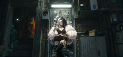 Rule 34 | 1girl, absurdres, arm tattoo, belt pouch, black gloves, black hair, black shorts, black thighhighs, breasts, cleavage, coat, duona, feet out of frame, flower tattoo, fluorescent lamp, fur coat, gloves, goddess of victory: nikke, gold choker, gun, hand on own hip, highres, holding, holding gun, holding weapon, large breasts, long hair, looking at viewer, midriff, multicolored hair, open clothes, open coat, parted lips, pinstripe pattern, pouch, red eyes, red lips, rosanna (nikke), shirt, shorts, solo, split-color hair, standing, stomach tattoo, striped clothes, striped shirt, tattoo, thighhighs, two-tone hair, vertical-striped clothes, vertical-striped shirt, weapon, white fur, white hair