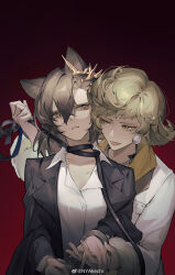 Rule 34 | 2girls, absurdres, akechi (826988799), animal ears, arknights, bdsm, behind another, black jacket, blonde hair, bondage, bound, brown hair, collared shirt, cuffs, earrings, facing viewer, fur-trimmed sleeves, fur trim, gradient background, hair between eyes, hand grab, handcuffs, hands up, highres, holding, holding leash, jacket, jewelry, leash, long hair, long sleeves, looking to the side, mole above eye, ms. newbabel, multiple girls, necklace, open mouth, penance (arknights), red background, reverse:1999, rope around neck, shirt, short hair, sweat, swept bangs, upper body, weibo logo, weibo watermark, white jacket, white shirt, wolf ears, wolf girl, yellow eyes, yuri