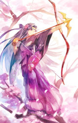 Rule 34 | 1girl, archery, aruk, bow, bow (weapon), breasts, cherry blossoms, drawing bow, eyeliner, floral print, flower, forehead protector, full body, gloves, gotcha warrior, hair flower, hair ornament, hakama, hakama skirt, headband, holding, holding bow (weapon), holding weapon, in tree, japanese clothes, kanzashi, kimono, long hair, long sleeves, looking away, makeup, medium breasts, outstretched arm, parted bangs, partially fingerless gloves, partly fingerless gloves, petals, purple bow, purple flower, purple hakama, sakura (gotcha warrior), single glove, skirt, solo, standing, tree, very long hair, weapon, white background, wide sleeves, wristband, yugake