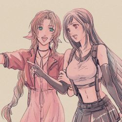 2girls :d aerith_gainsborough aqua_eyes arm_grab black_gloves breasts brown_hair collarbone cowboy_shot crop_top cropped_jacket dress elbow_gloves final_fantasy final_fantasy_vii fingerless_gloves gloves hair_ribbon highres index_finger_raised jacket long_hair looking_to_the_side medium_breasts midriff multiple_girls navel open_mouth parted_bangs pink_dress pink_ribbon pointing ponytail red_eyes red_jacket ribbon shirt signature sleeveless sleeveless_shirt smile square_enix suspenders teeth tifa_lockhart twitter_username upper_teeth_only very_long_hair warori_anne white_shirt