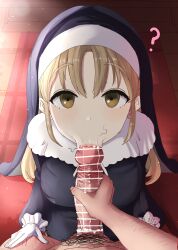 Rule 34 | 1girl, :&gt;=, ?, blonde hair, breasts, censored, cum, cum in mouth, fellatio, from above, highres, kissing penis, kneeling, large breasts, large penis, looking at viewer, male pubic hair, medium breasts, nijisanji, nun, oral, penis, penis grab, pov, pubic hair, sister claire, stray pubic hair, virtual youtuber