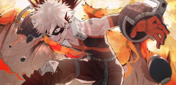 Rule 34 | 1boy, bakugou katsuki, belt, black gloves, black mask, black pants, black shirt, boku no hero academia, explosion, explosive, eye mask, fighting stance, gloves, grenade, grey belt, highres, male focus, nmm, open mouth, pants, pectoral cleavage, pectorals, red eyes, red gloves, shirt, smoke, solo, spiked hair, teeth, toned, toned male, two-tone gloves, white hair