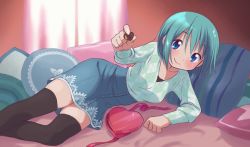 Rule 34 | 1girl, alternate costume, aqua sweater, argyle, argyle clothes, argyle sweater, arm support, bed, bed sheet, bedroom, black thighhighs, blue eyes, blue hair, box, breasts, buttons, candy, chocolate, chocolate heart, closed mouth, collarbone, commentary, curtains, cushion, day, denim, denim skirt, dot nose, english commentary, feeding, feet out of frame, fingernails, food, gloamy, hair between eyes, hand up, happy, heart, heart-shaped box, highres, holding, holding chocolate, holding food, incoming food, indoors, light blush, looking at viewer, lying, mahou shoujo madoka magica, mahou shoujo madoka magica (anime), medium breasts, miki sayaka, on bed, on side, patterned clothing, pillow, reaching, reaching towards viewer, shadow, shiny skin, short hair, skindentation, skirt, smile, solo, sparkle, sunlight, sweater, thighhighs, thighs, valentine, wall, zettai ryouiki